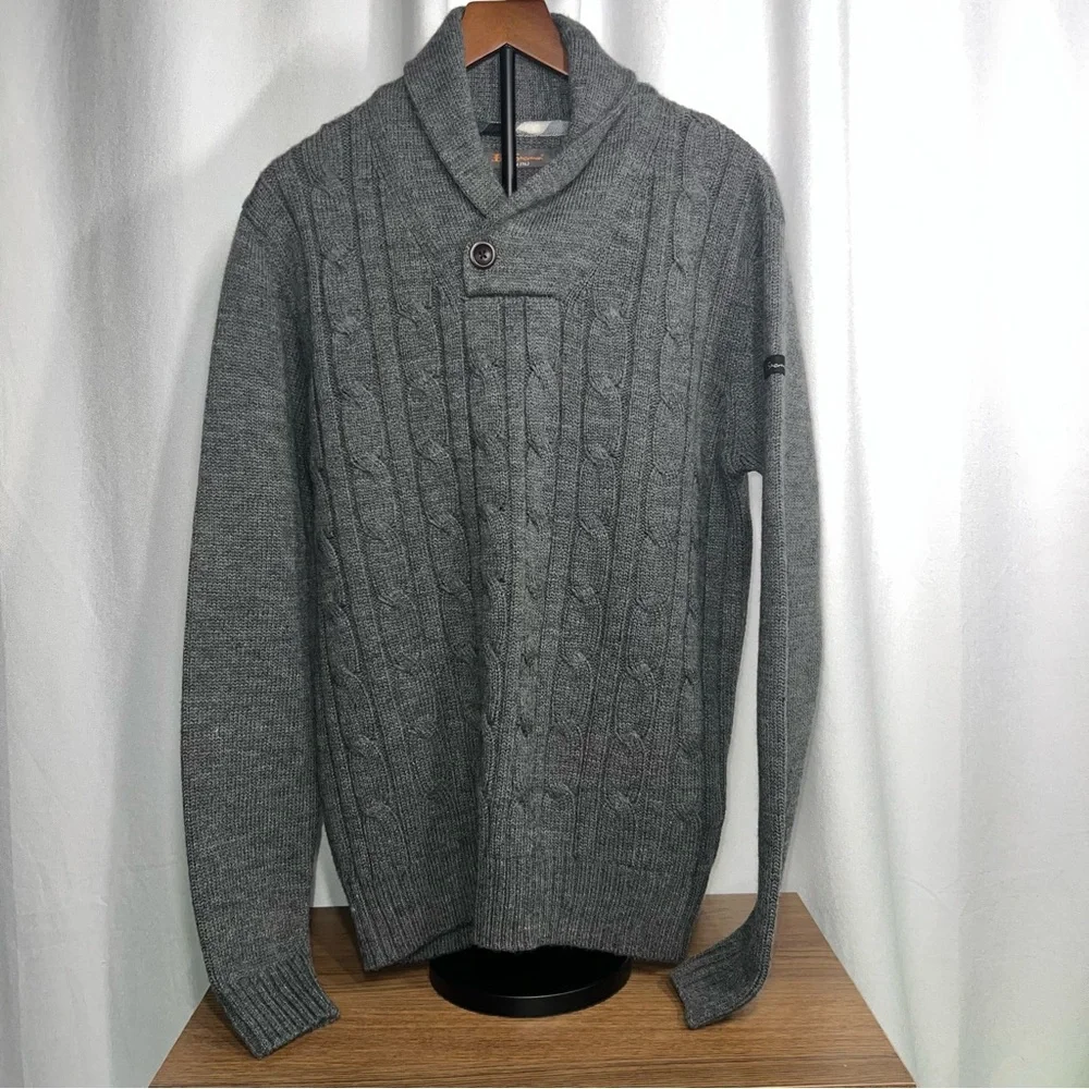 Ben Sherman Gray Cable Knit Funnel Neck Shawl Collar Wool Blend Sweater XL